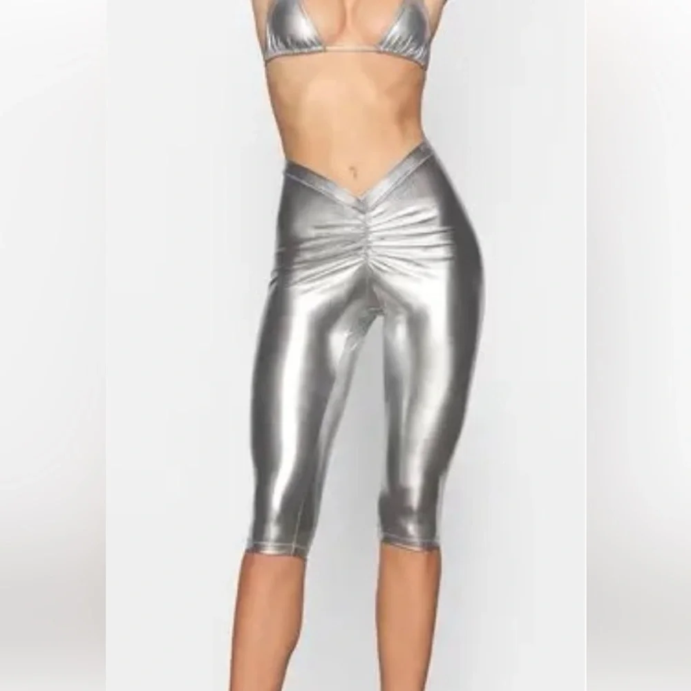 Skims Metallic Swim V Waist Pant in Nickel NWT